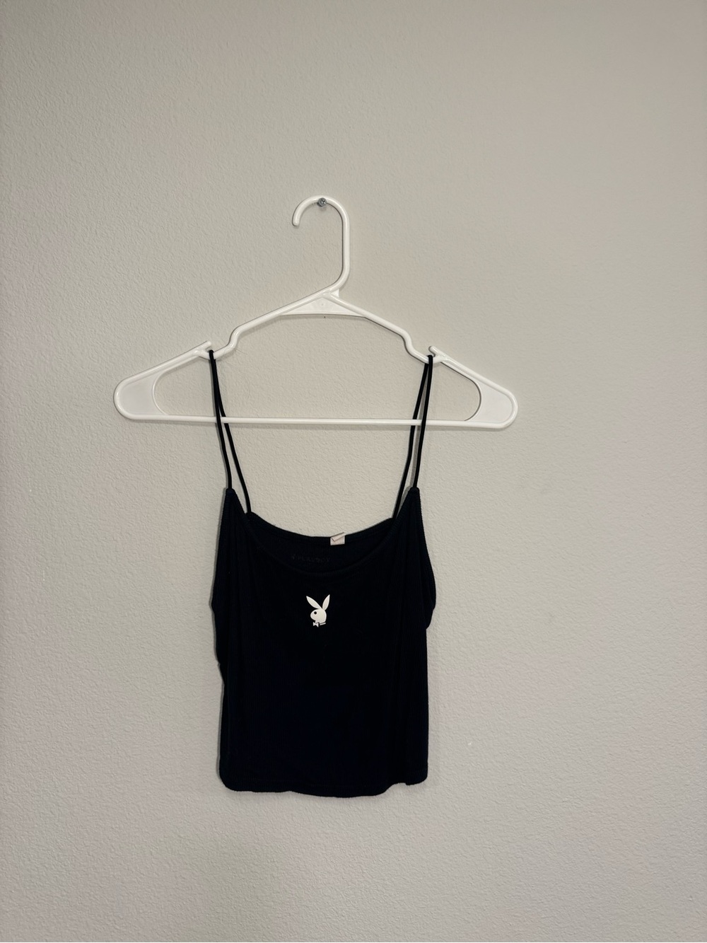 PLAYBOY Black Spaghetti Strap Crop Top with White Bunny Logo